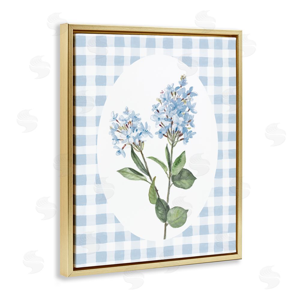 Sundance Graphics Blue Checkered Blooms Gold Floating Frame Canvas Wall Art Print