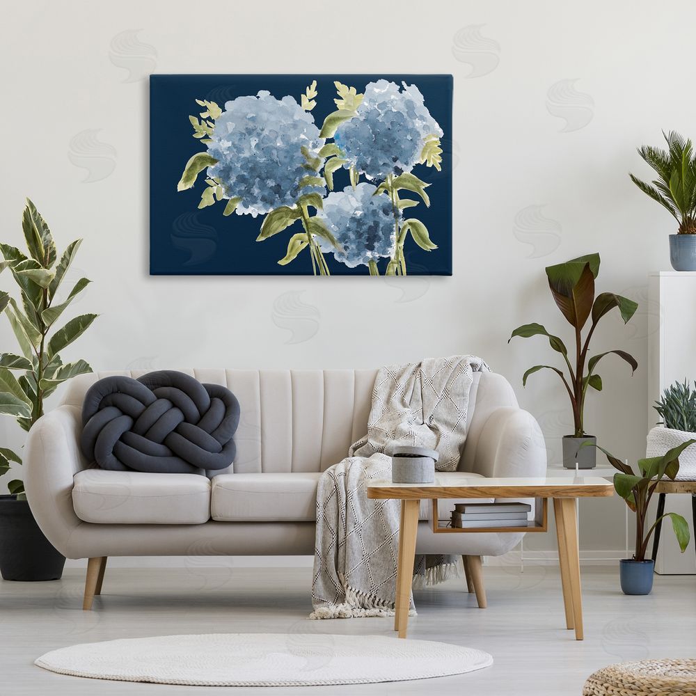 Janice Gaynor Blue Hydrangeas on Indigo Stretched Canvas Wall Art in Room