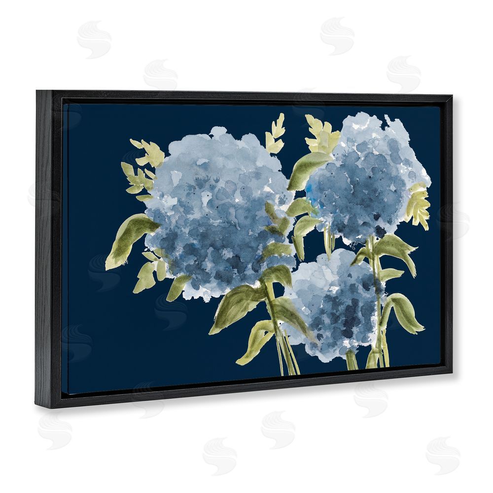 Janice Gaynor Blue Hydrangeas on Indigo Black Floating Frame Canvas Wall Art Print