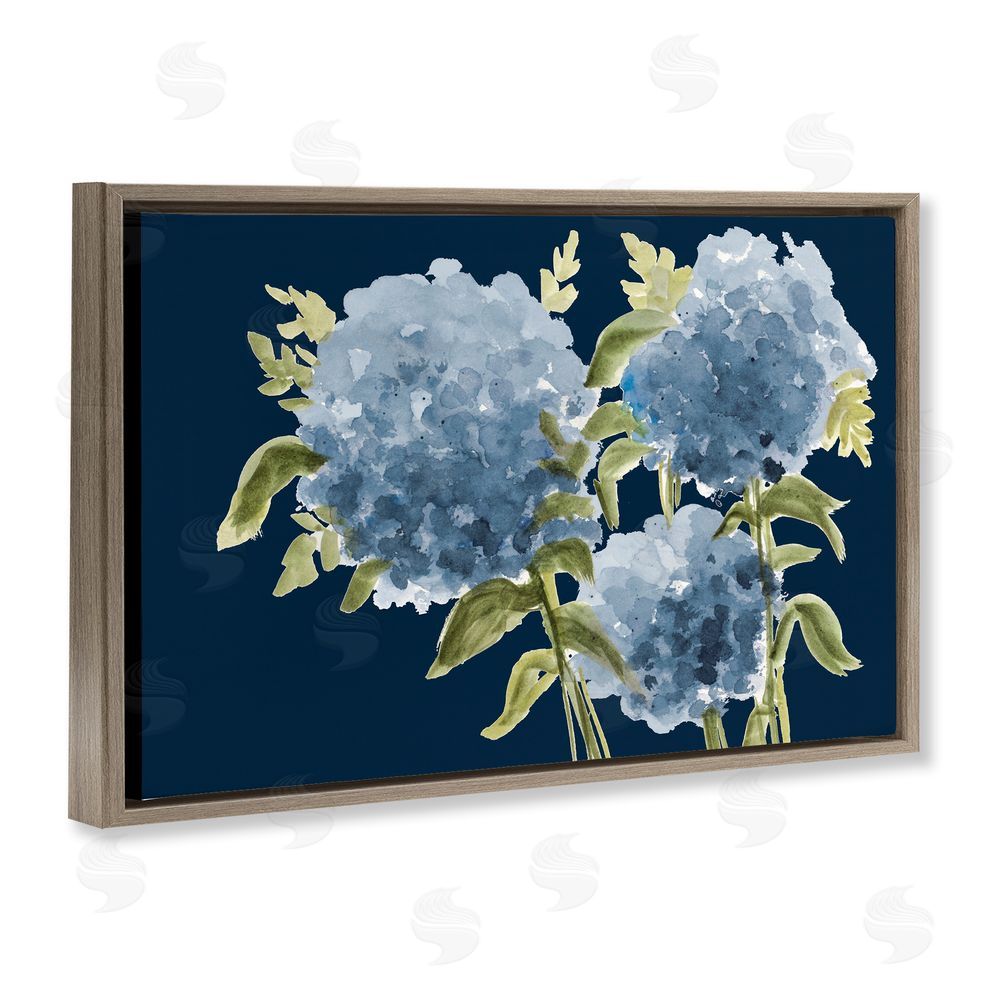 Janice Gaynor Blue Hydrangeas on Indigo Brown Floating Frame Canvas Wall Art Print