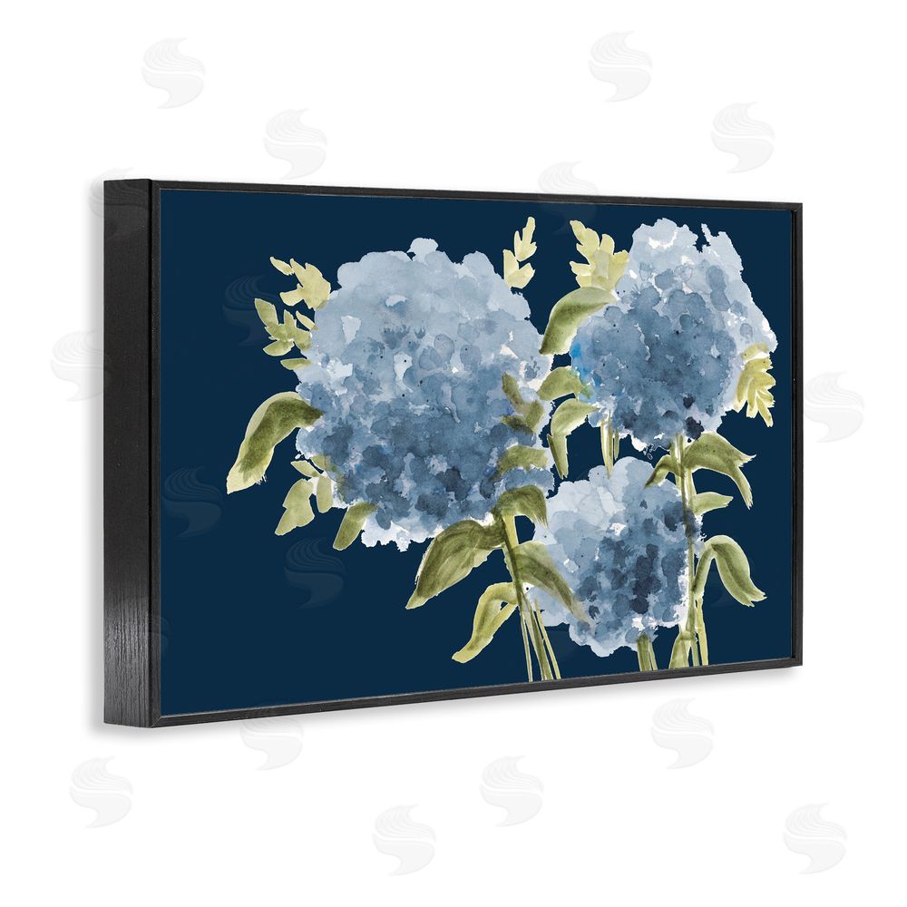 Janice Gaynor Blue Hydrangeas on Indigo Black Framed Giclee Wall Art Print