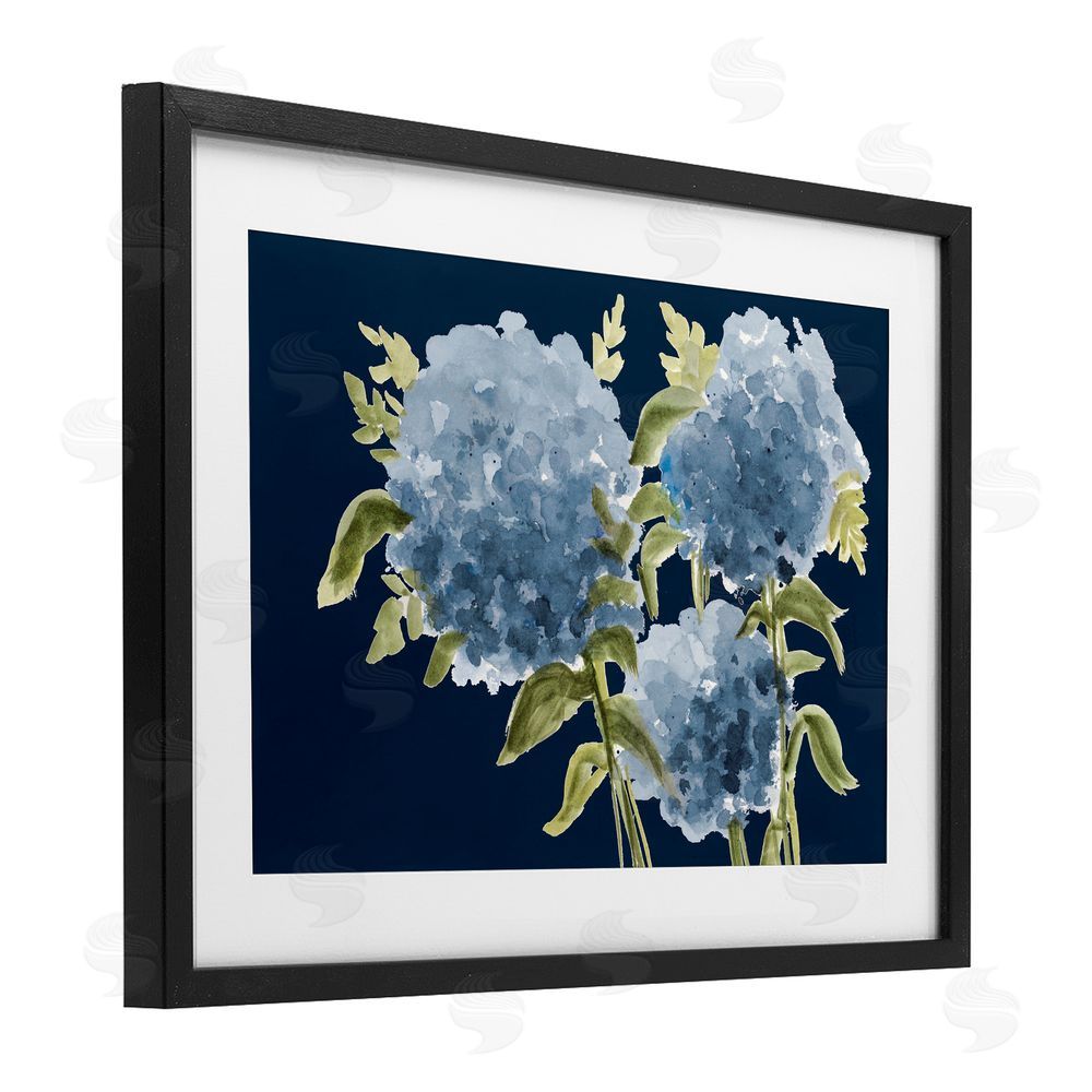 Janice Gaynor Blue Hydrangeas on Indigo Black Framed Print Under Glass Wall Art