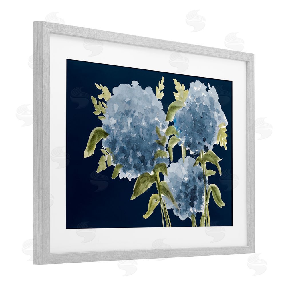 Janice Gaynor Blue Hydrangeas on Indigo Gray Framed Print Under Glass Wall Art