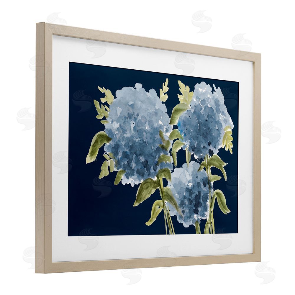 Janice Gaynor Blue Hydrangeas on Indigo Birch Framed Print Under Glass Wall Art