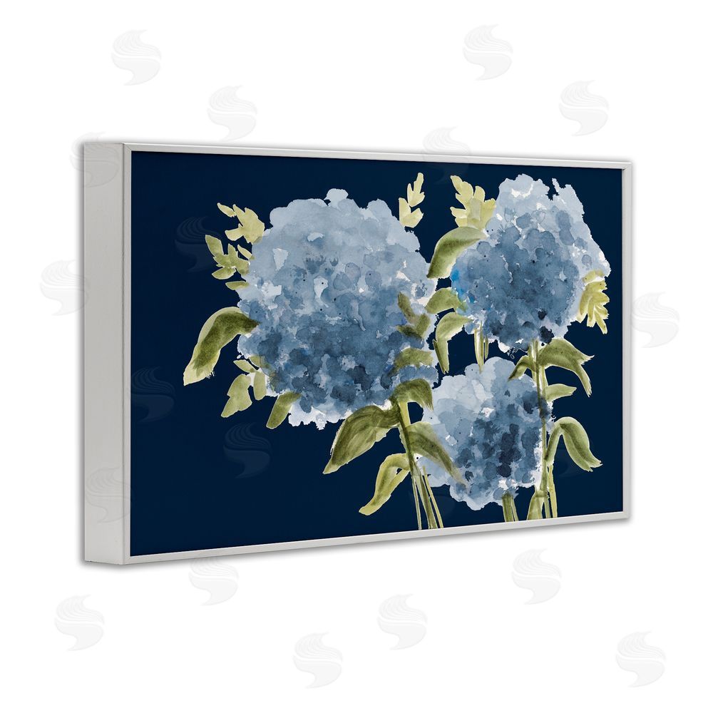 Janice Gaynor Blue Hydrangeas on Indigo White Framed Giclee Wall Art Print