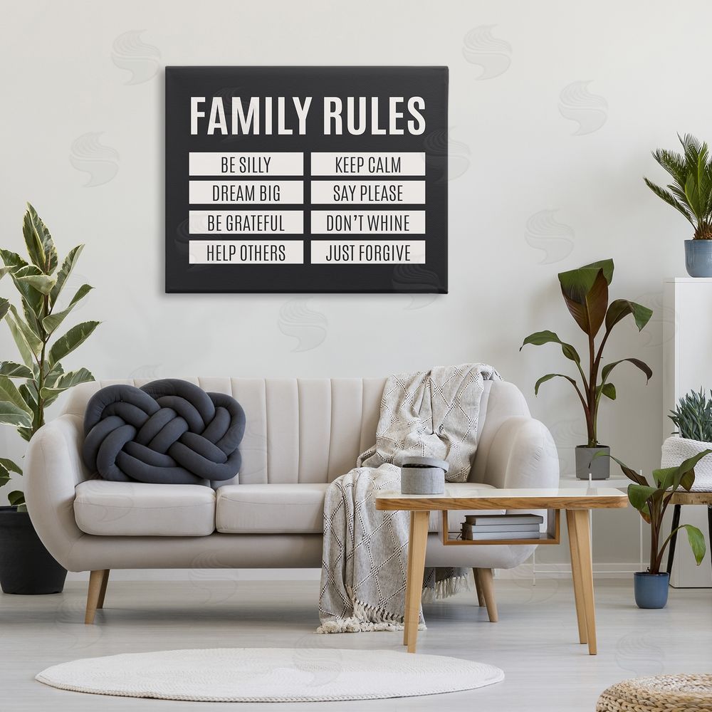 Sundance Graphics Family Rules Simple Black Canvas Wall Art Print in Room