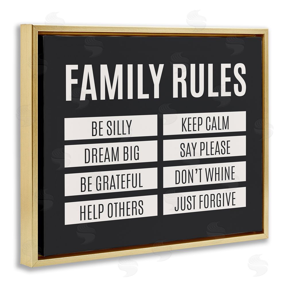 Sundance Graphics Family Rules Simple Black Gold Floating Frame Canvas Wall Art Print