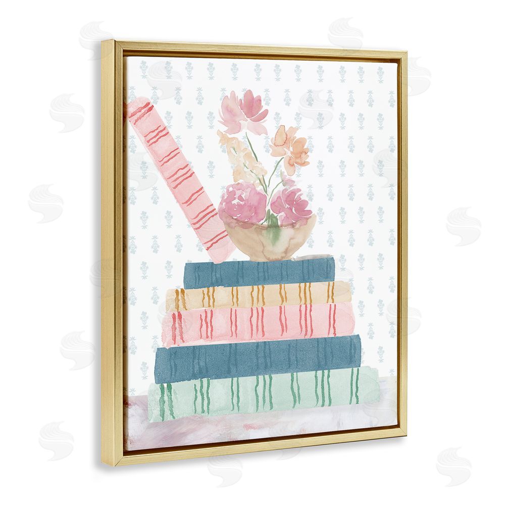 Lucille Price Pastel Flowers And Books Gold Floating Frame Canvas Wall Art Print