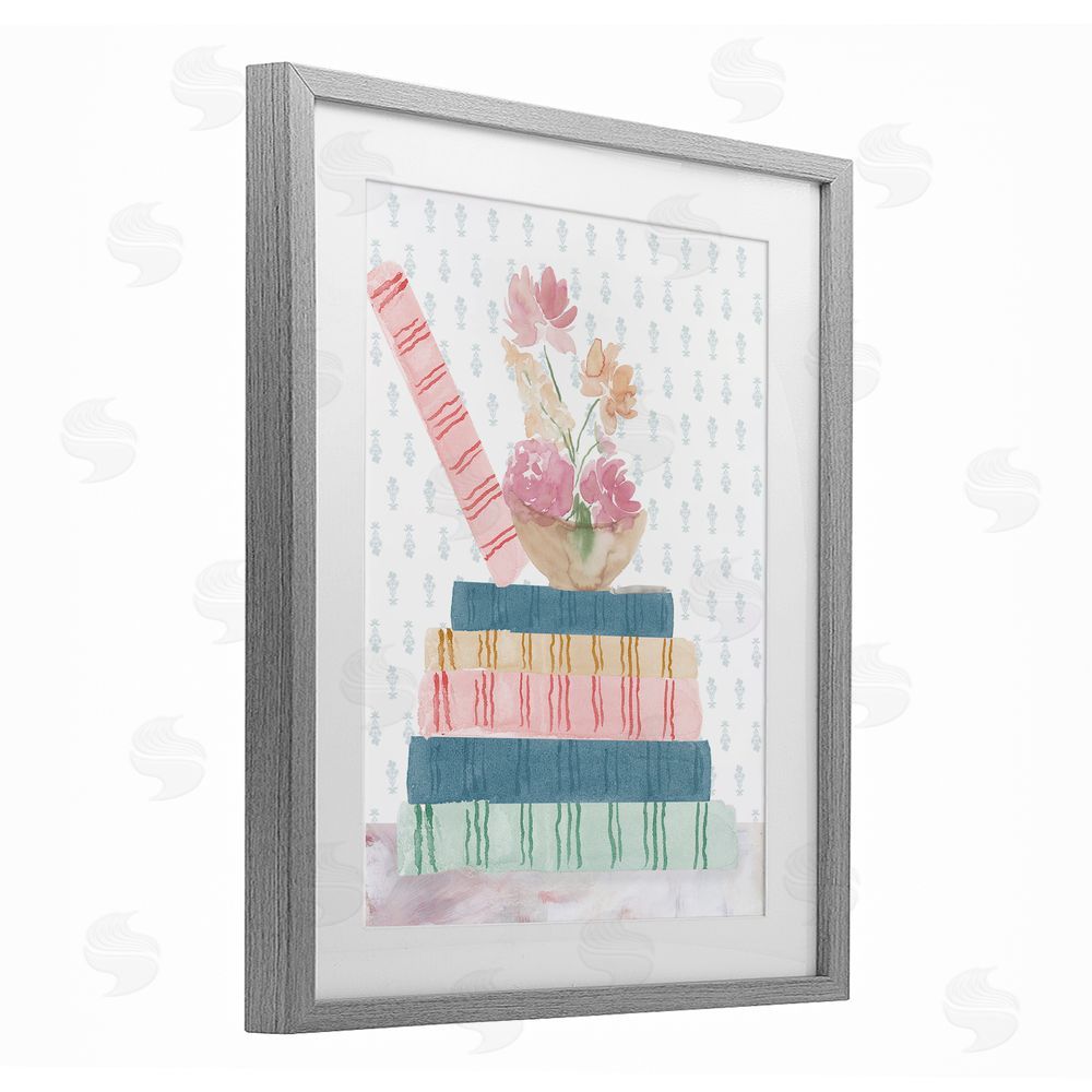 Lucille Price Pastel Flowers And Books Gray Framed Print Under Glass Wall Art