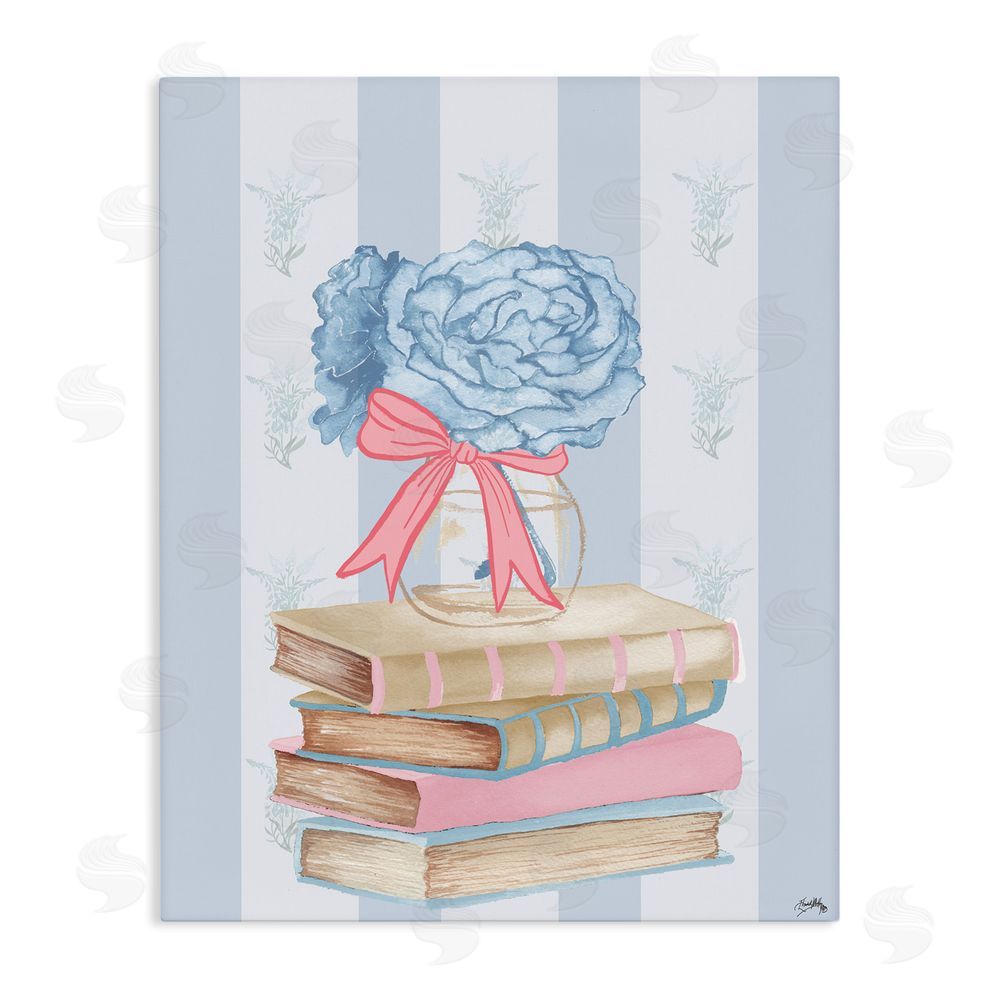 Elizabeth Medley Stacked Books & Blue Hydrangeas Stretched Canvas Wall Art Print