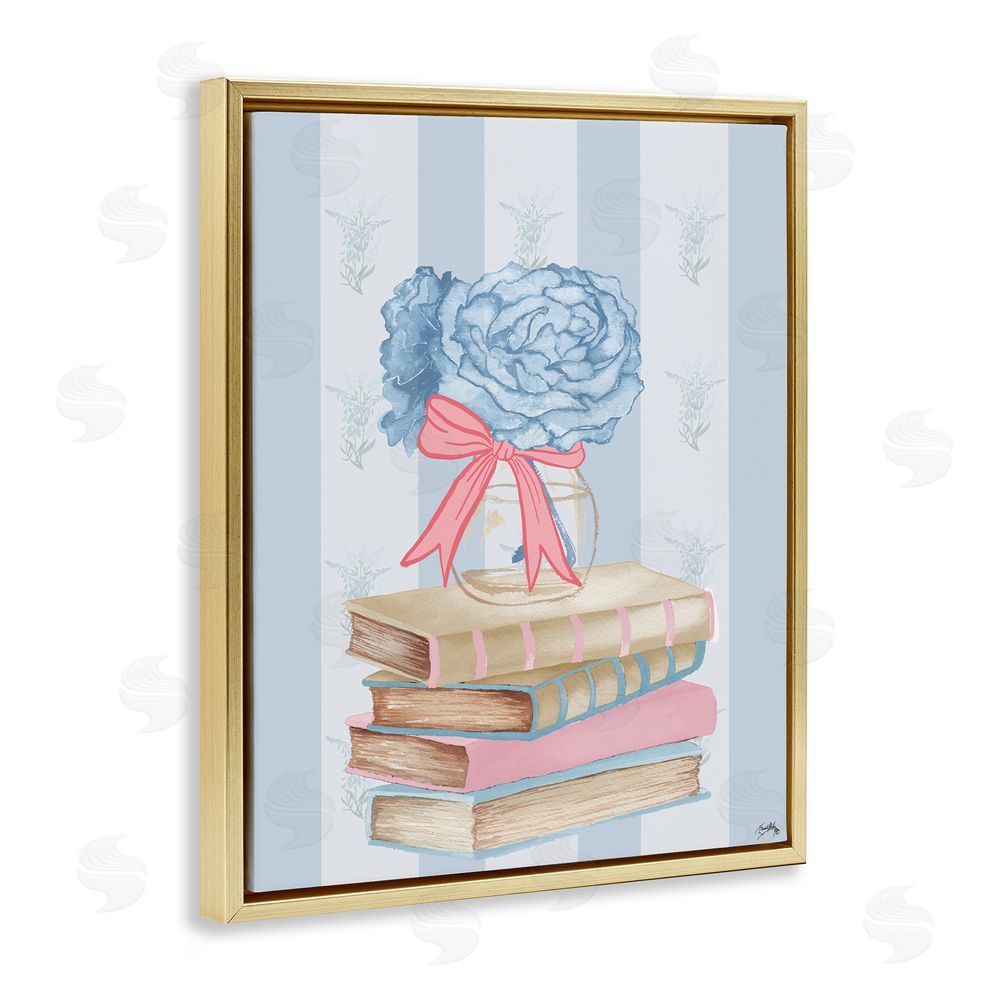 Elizabeth Medley Stacked Books & Blue Hydrangeas Gold Floating Frame Canvas Wall Art Print