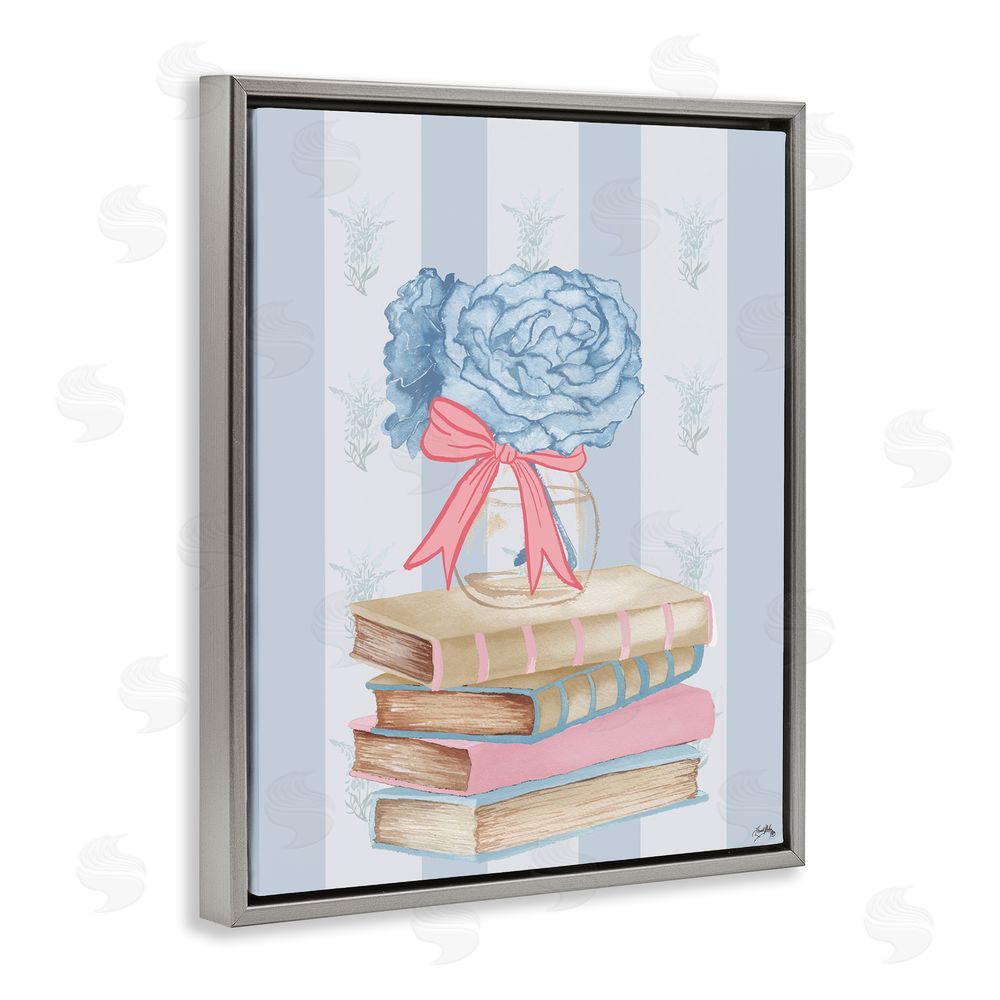 Elizabeth Medley Stacked Books & Blue Hydrangeas Gray Floating Frame Canvas Wall Art Print