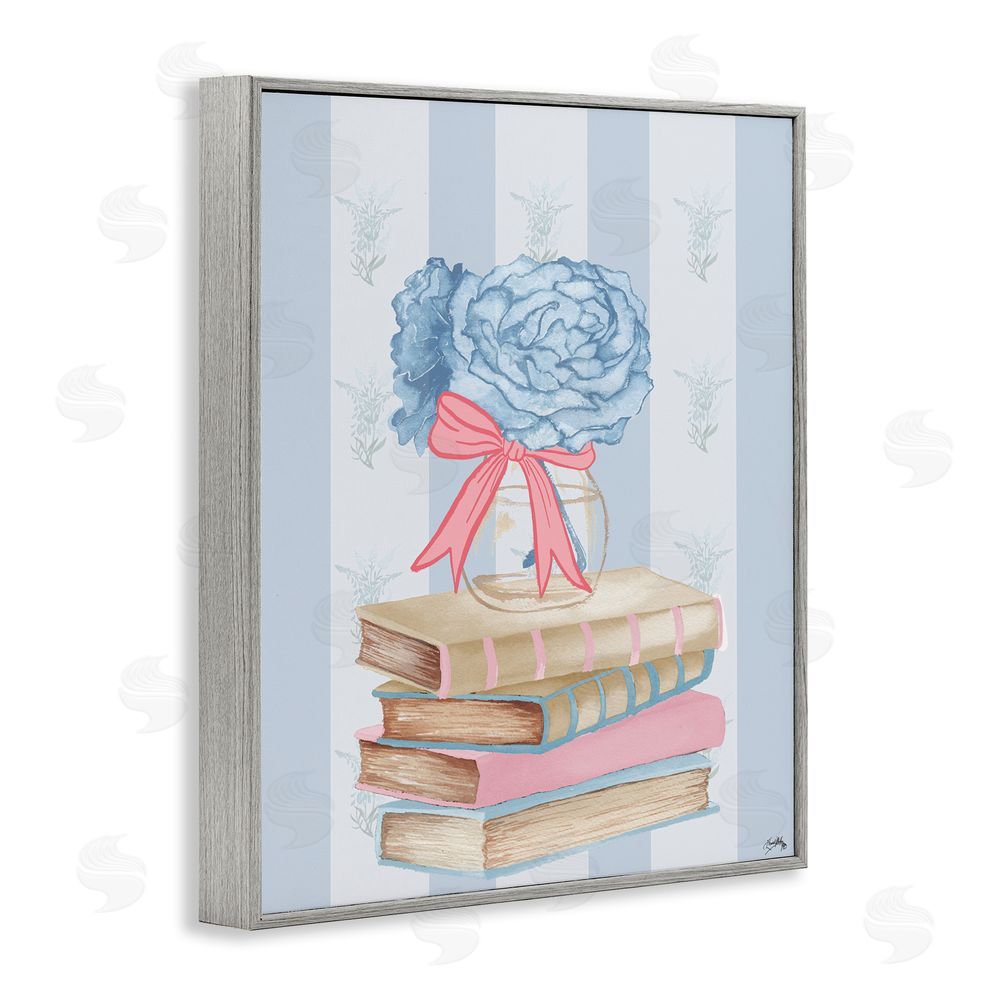Elizabeth Medley Stacked Books & Blue Hydrangeas Gray Framed Giclee Wall Art Print