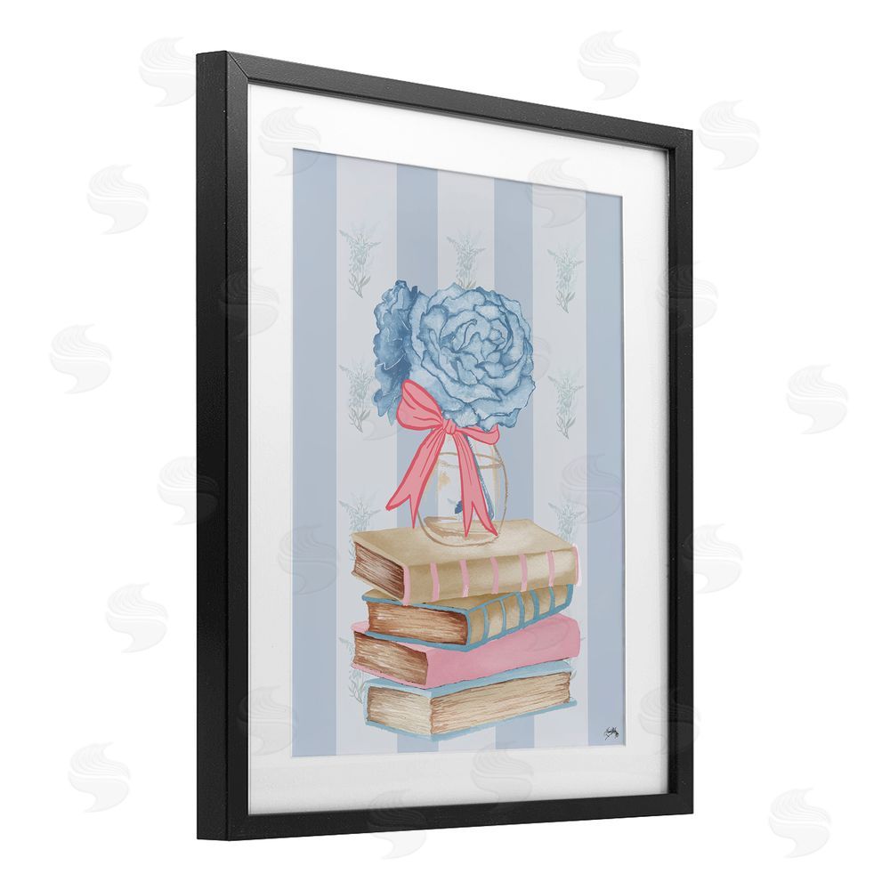 Elizabeth Medley Stacked Books & Blue Hydrangeas Black Framed Print Under Glass Wall Art