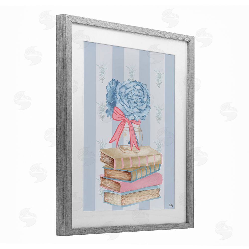Elizabeth Medley Stacked Books & Blue Hydrangeas Gray Framed Print Under Glass Wall Art