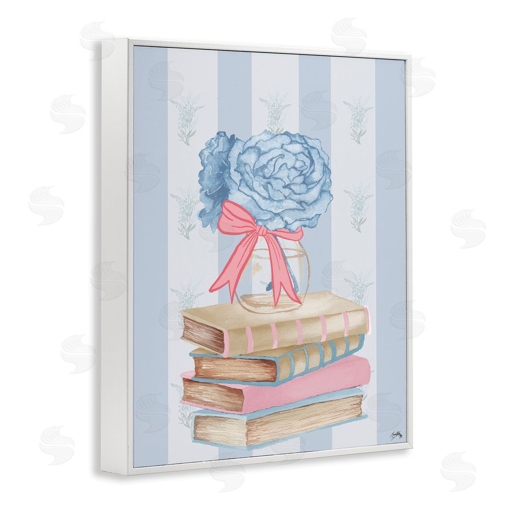 Elizabeth Medley Stacked Books & Blue Hydrangeas White Framed Giclee Wall Art Print