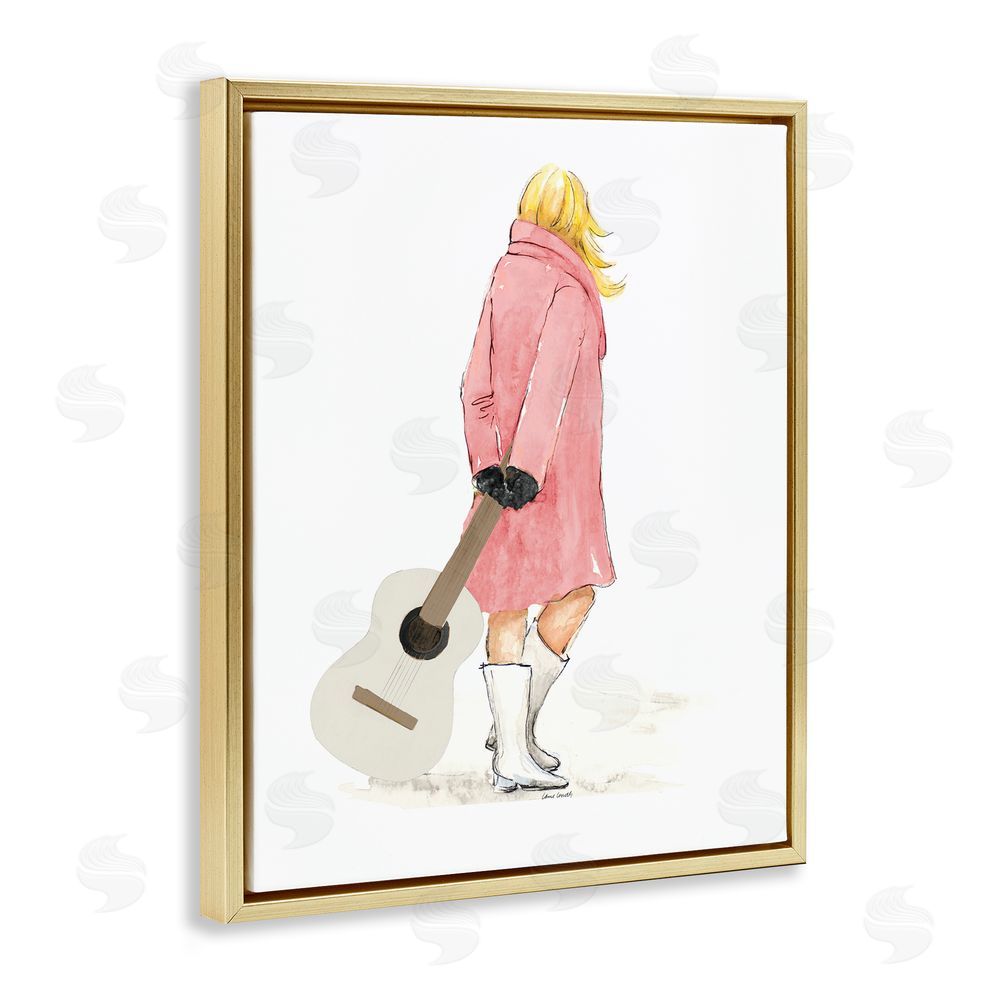 Lanie Loreth Fashionable Woman with Guitar Gold Floating Frame Canvas Wall Art Print