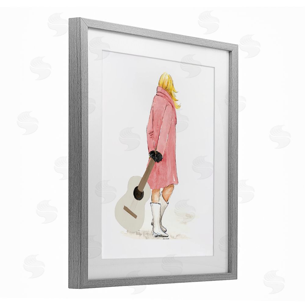 Lanie Loreth Fashionable Woman with Guitar Gray Framed Print Under Glass with White Mat Wall Art