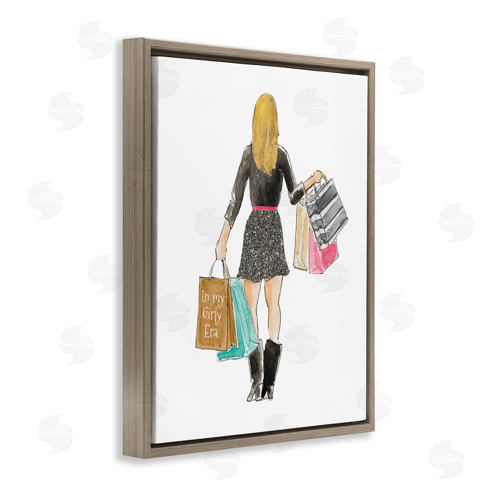 Sundance Graphics Girl With Shopping Bags Brown Floating Frame Canvas Wall Art Print