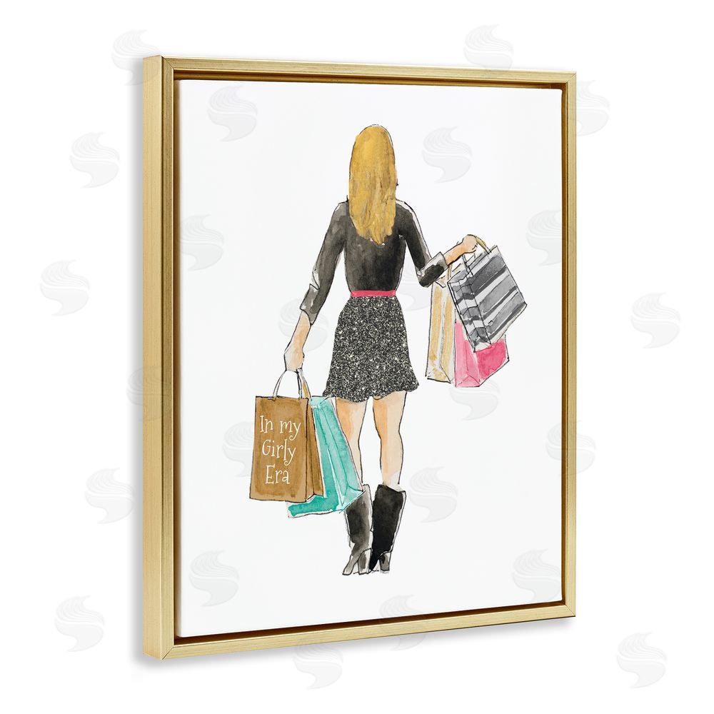 Sundance Graphics Girl With Shopping Bags Gold Floating Frame Canvas Wall Art Print