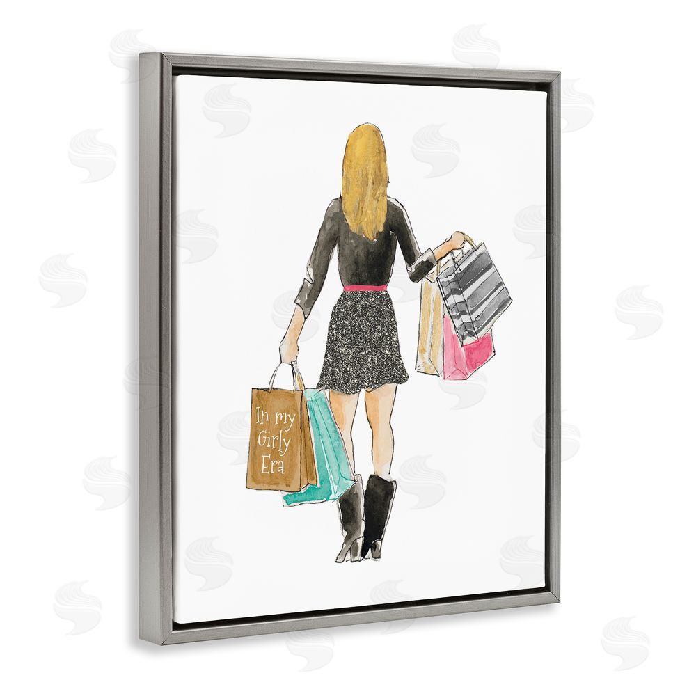 Sundance Graphics Girl With Shopping Bags Gray Floating Frame Canvas Wall Art Print