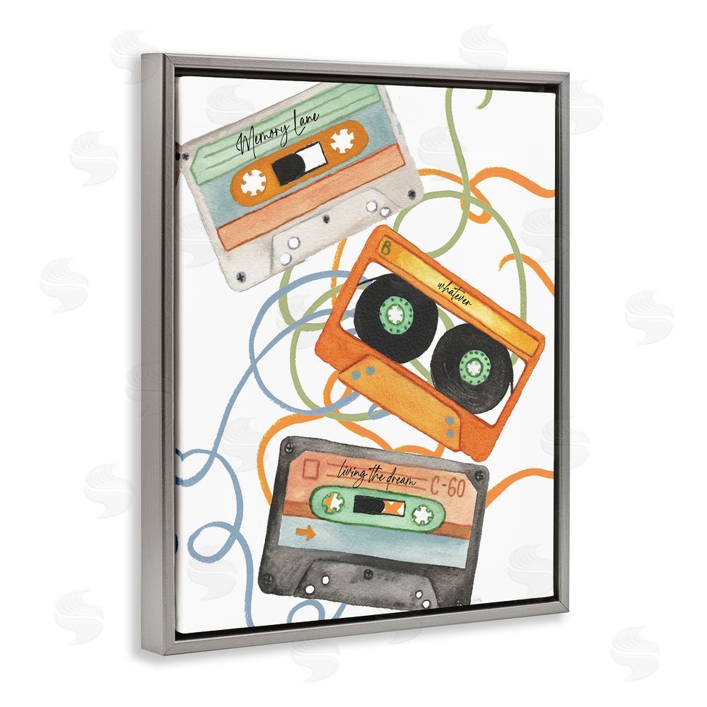 Sundance Graphics Cassette Mix Tapes Trio Gray Floating Frame Canvas Wall Art Print