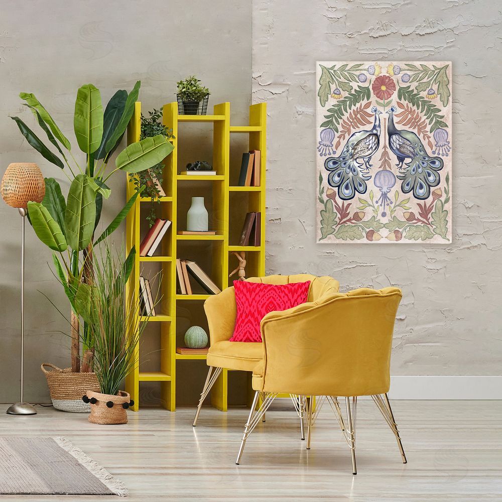 Elizabeth Medley Symmetrical Peacock & Flower Pattern Stretched Canvas Wall Art in Room