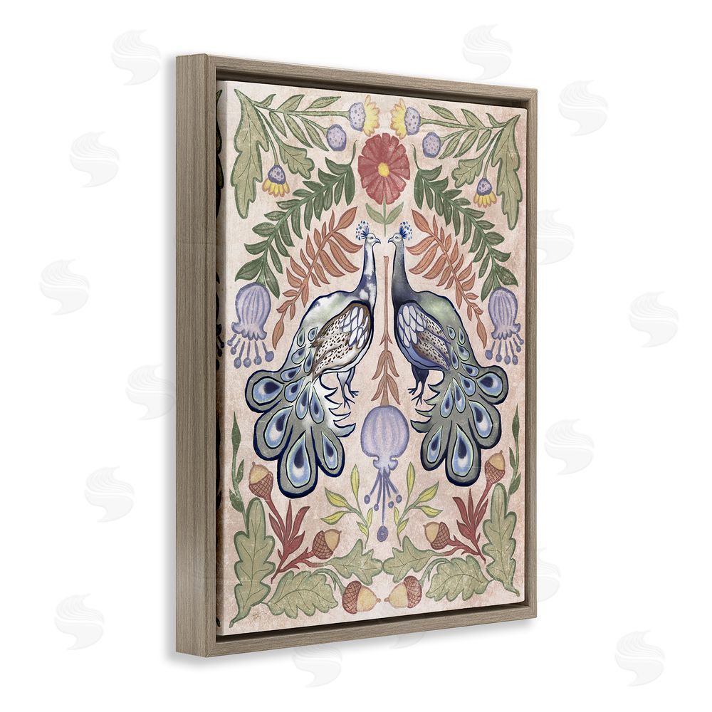 Elizabeth Medley Symmetrical Peacock & Flower Pattern Brown Floating Frame Canvas Wall Art Print