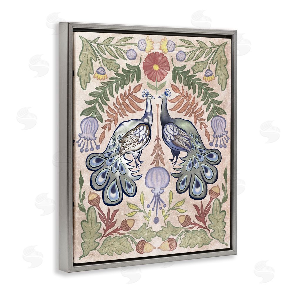 Elizabeth Medley Symmetrical Peacock & Flower Pattern Gray Floating Frame Canvas Wall Art Print