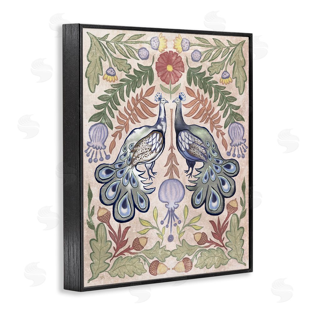 Elizabeth Medley Symmetrical Peacock & Flower Pattern Black Framed Giclee Wall Art Print