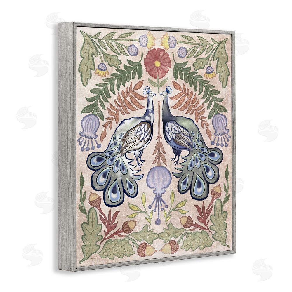 Elizabeth Medley Symmetrical Peacock & Flower Pattern Gray Framed Giclee Wall Art Print