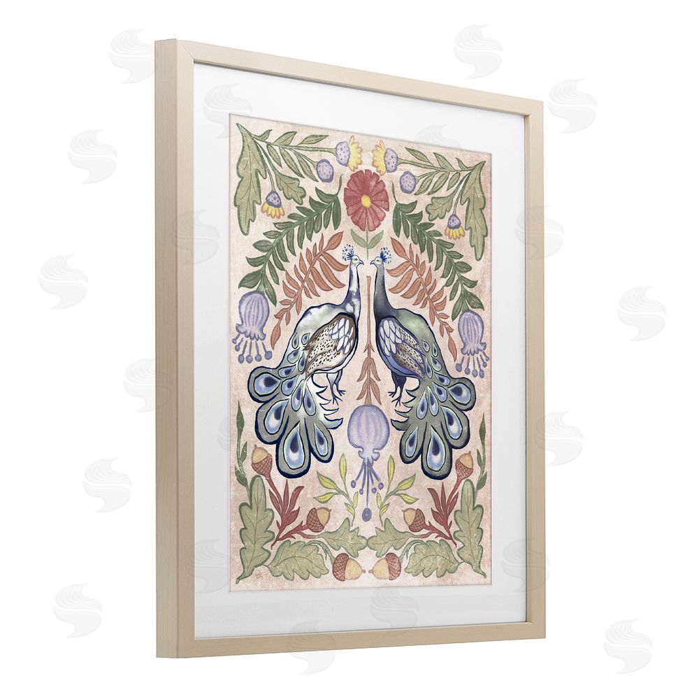 Elizabeth Medley Symmetrical Peacock & Flower Pattern Birch Framed Print Under Glass Wall Art