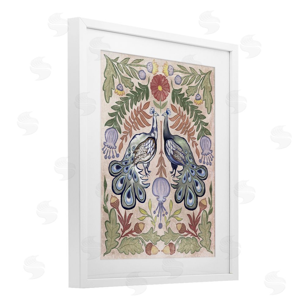 Elizabeth Medley Symmetrical Peacock & Flower Pattern White Framed Print Under Glass Wall Art