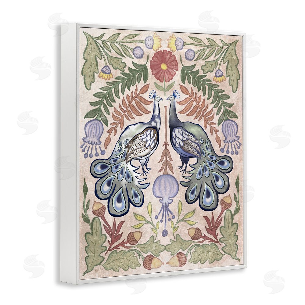 Elizabeth Medley Symmetrical Peacock & Flower Pattern White Framed Giclee Wall Art Print