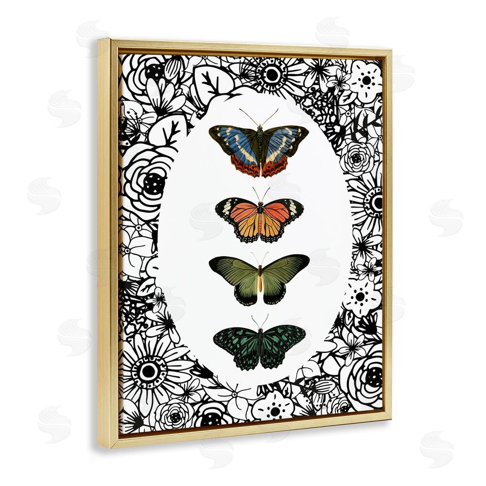 Sundance Graphics Floral Border Butterfly Lineup Gold Floating Frame Canvas Wall Art Print