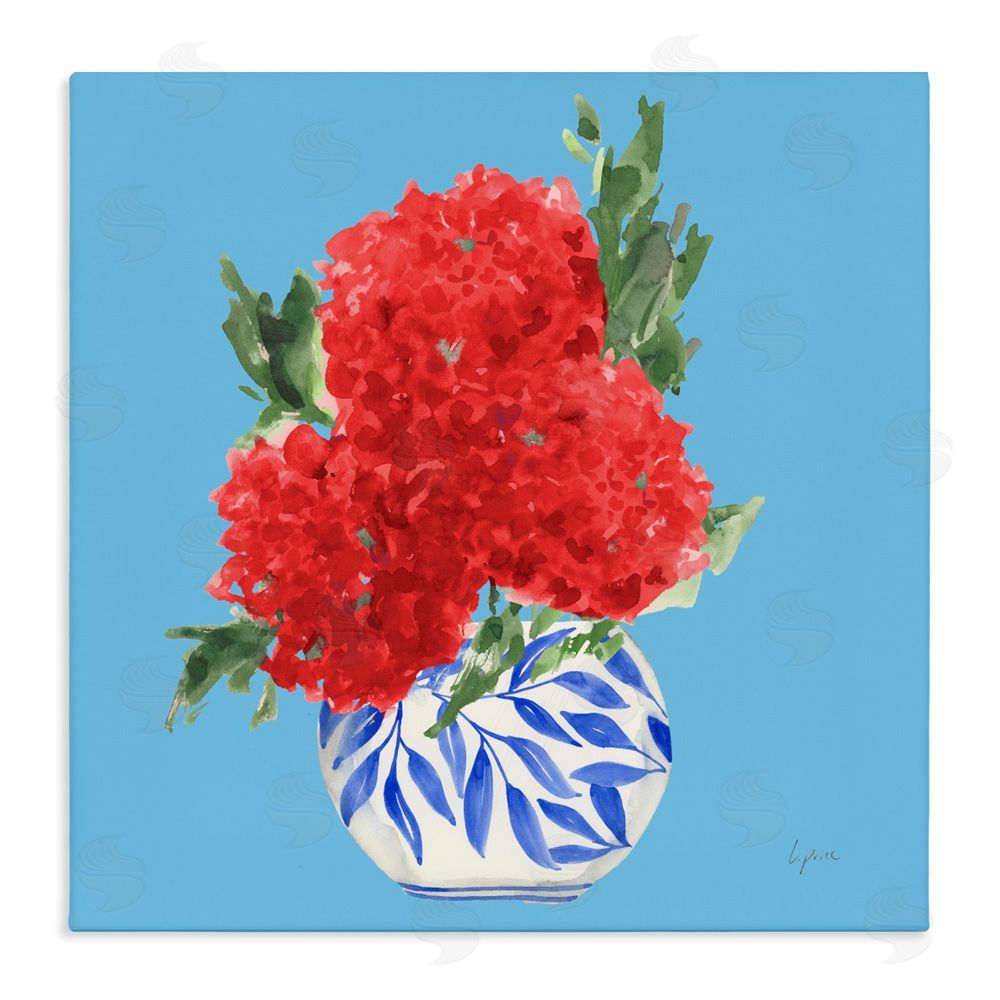 Lucille Price Red Hydrangeas Blue Vase Stretched Canvas Wall Art Print