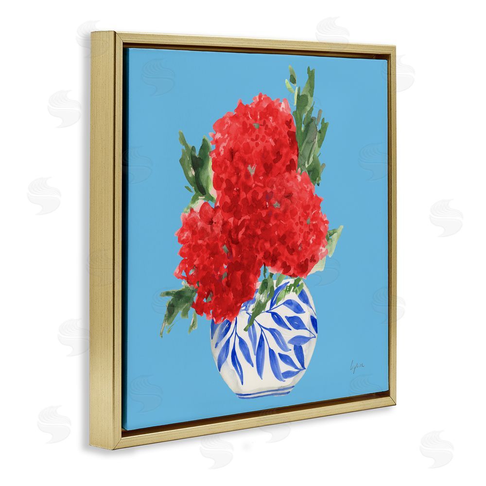 Lucille Price Red Hydrangeas Blue Vase Gold Floating Frame Canvas Wall Art Print
