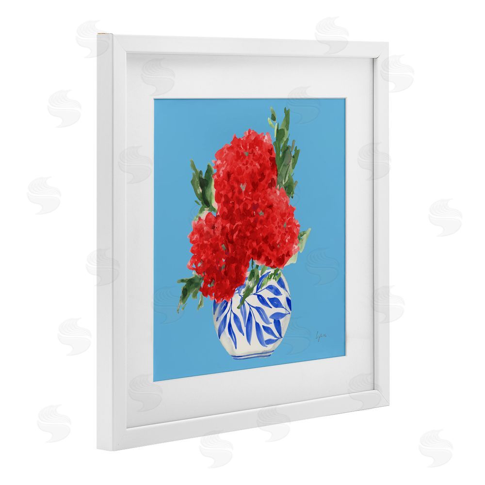 Lucille Price Red Hydrangeas Blue Vase White Framed Print Under Glass Wall Art