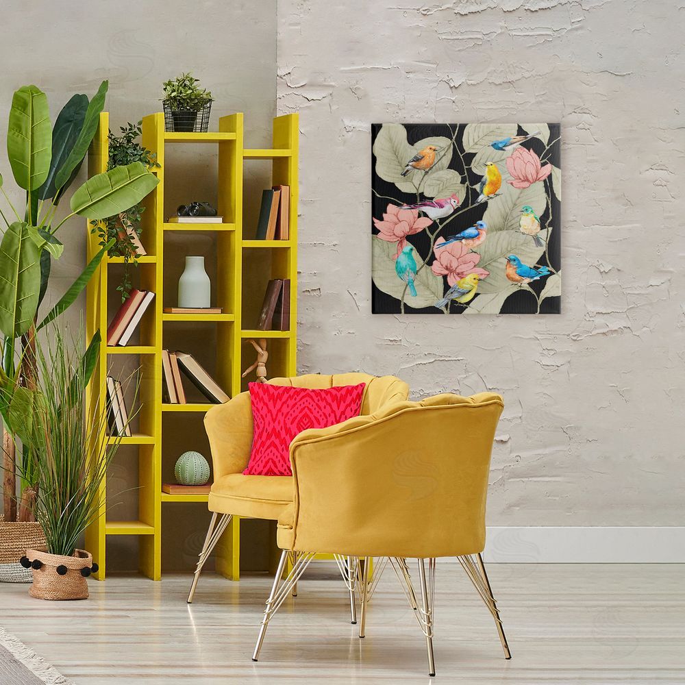 Lorenzo Collective Colorful Birds & Leaf Motif Stretched Canvas Wall Art in Room