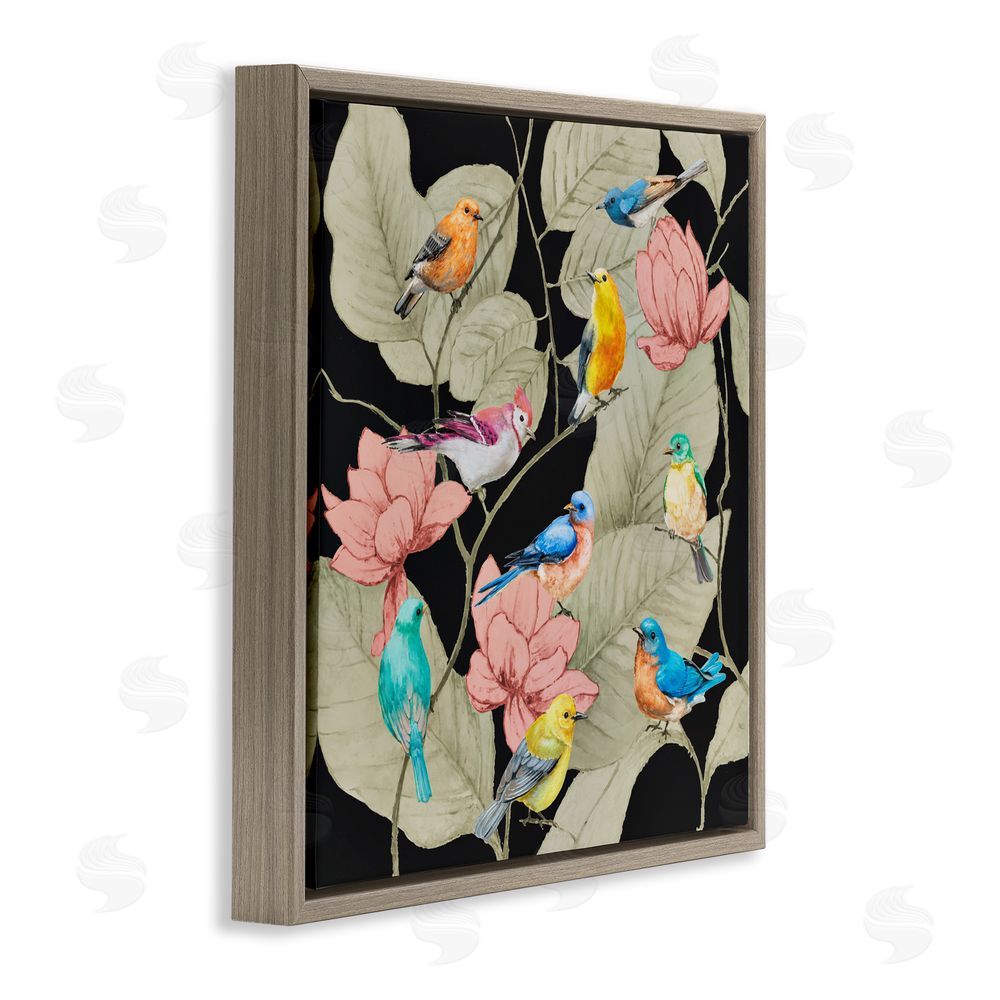 Lorenzo Collective Colorful Birds & Leaf Motif Brown Floating Frame Canvas Wall Art Print