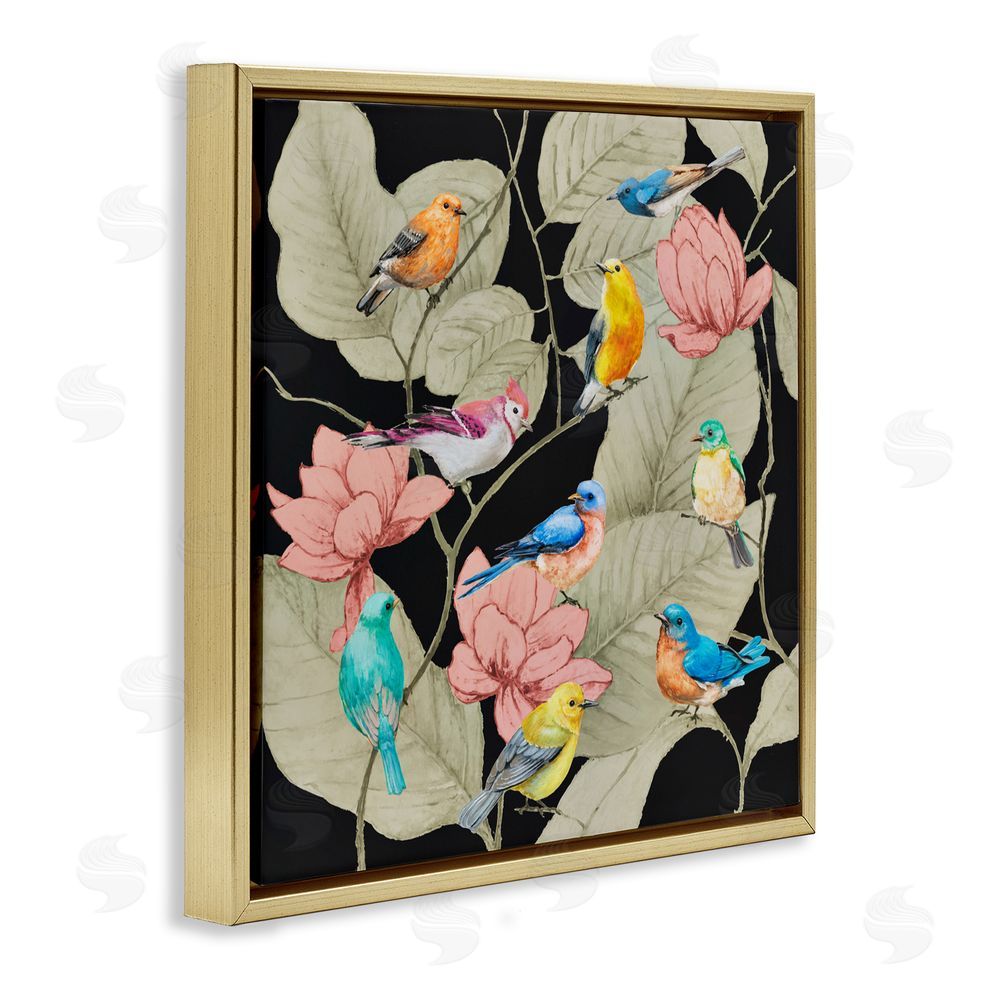 Lorenzo Collective Colorful Birds & Leaf Motif Gold Floating Frame Canvas Wall Art Print