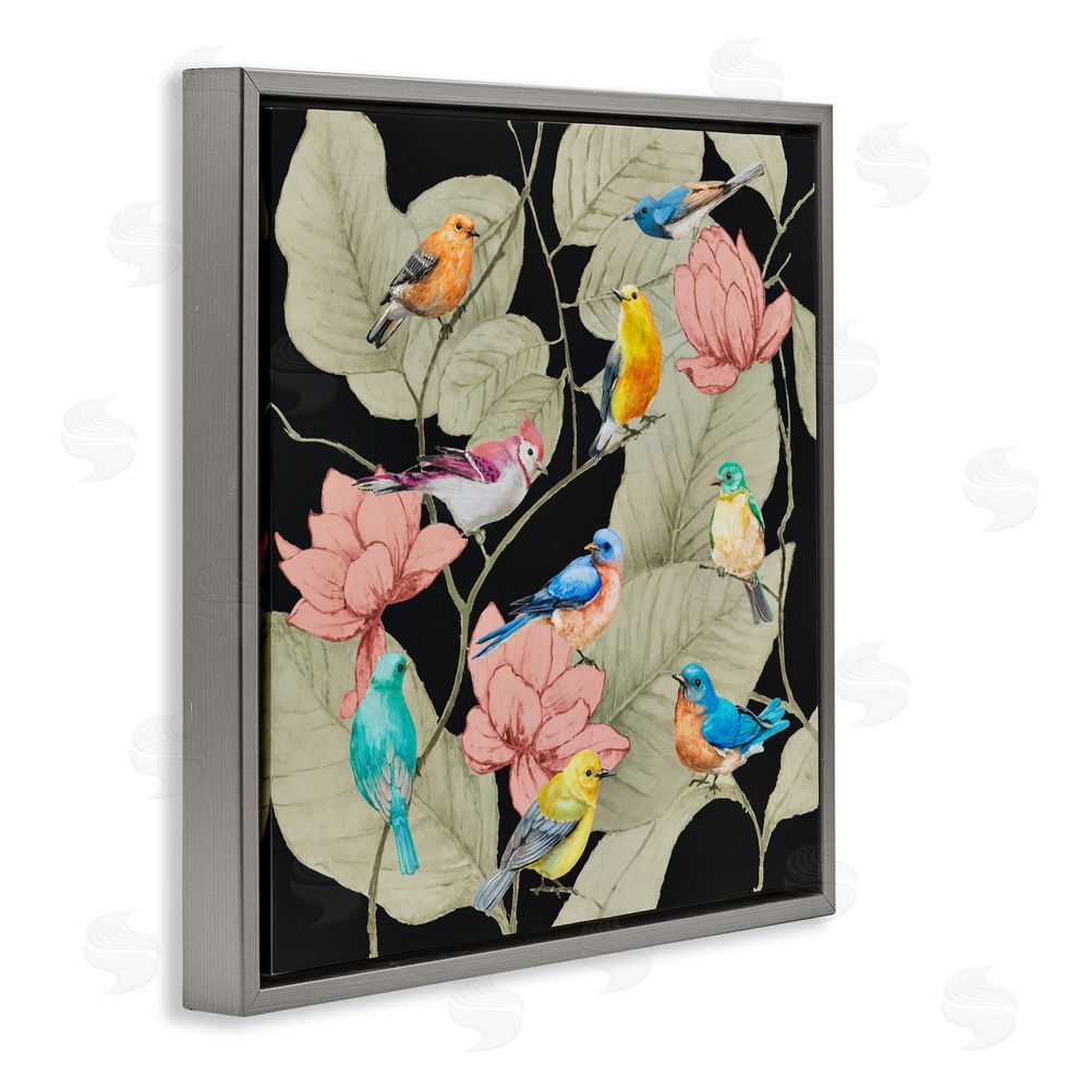 Lorenzo Collective Colorful Birds & Leaf Motif Gray Floating Frame Canvas Wall Art Print