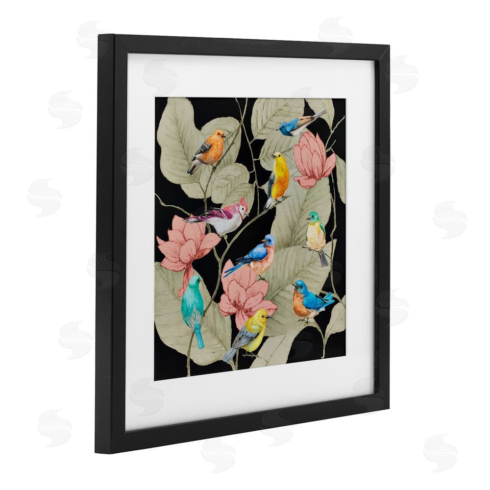 Lorenzo Collective Colorful Birds & Leaf Motif Black Framed Print Under Glass Wall Art
