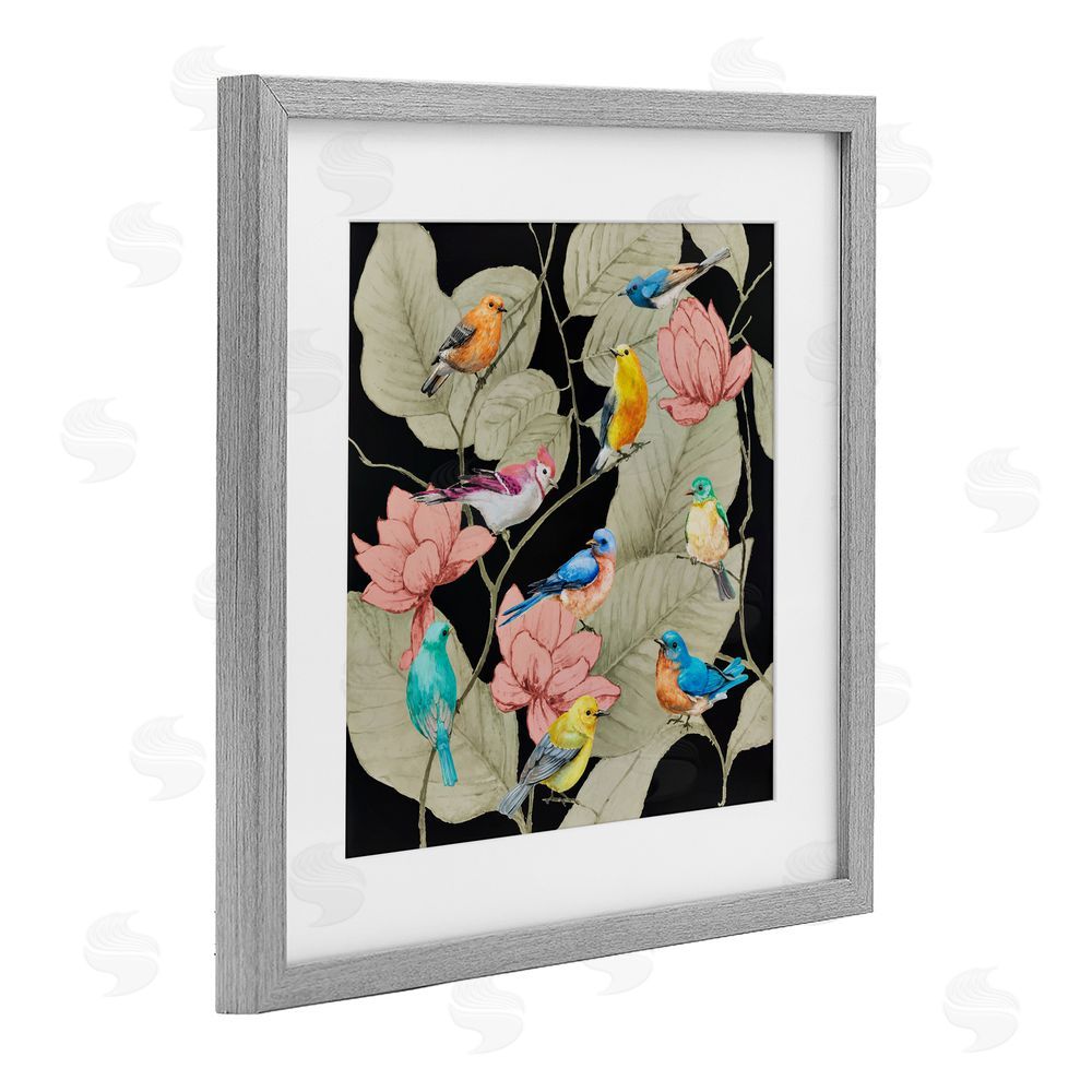 Lorenzo Collective Colorful Birds & Leaf Motif Gray Framed Print Under Glass Wall Art