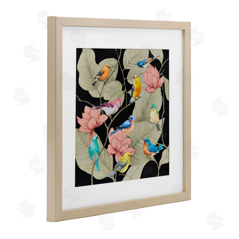 Lorenzo Collective Colorful Birds & Leaf Motif Birch Framed Print Under Glass Wall Art