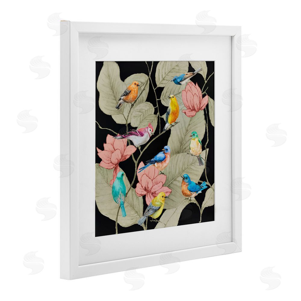 Lorenzo Collective Colorful Birds & Leaf Motif White Framed Print Under Glass Wall Art