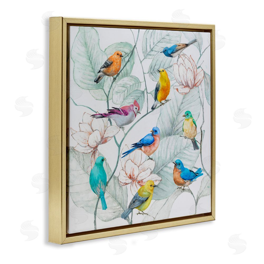 Lorenzo Collective Colorful Array Of Birds Gold Floating Frame Canvas Wall Art Print