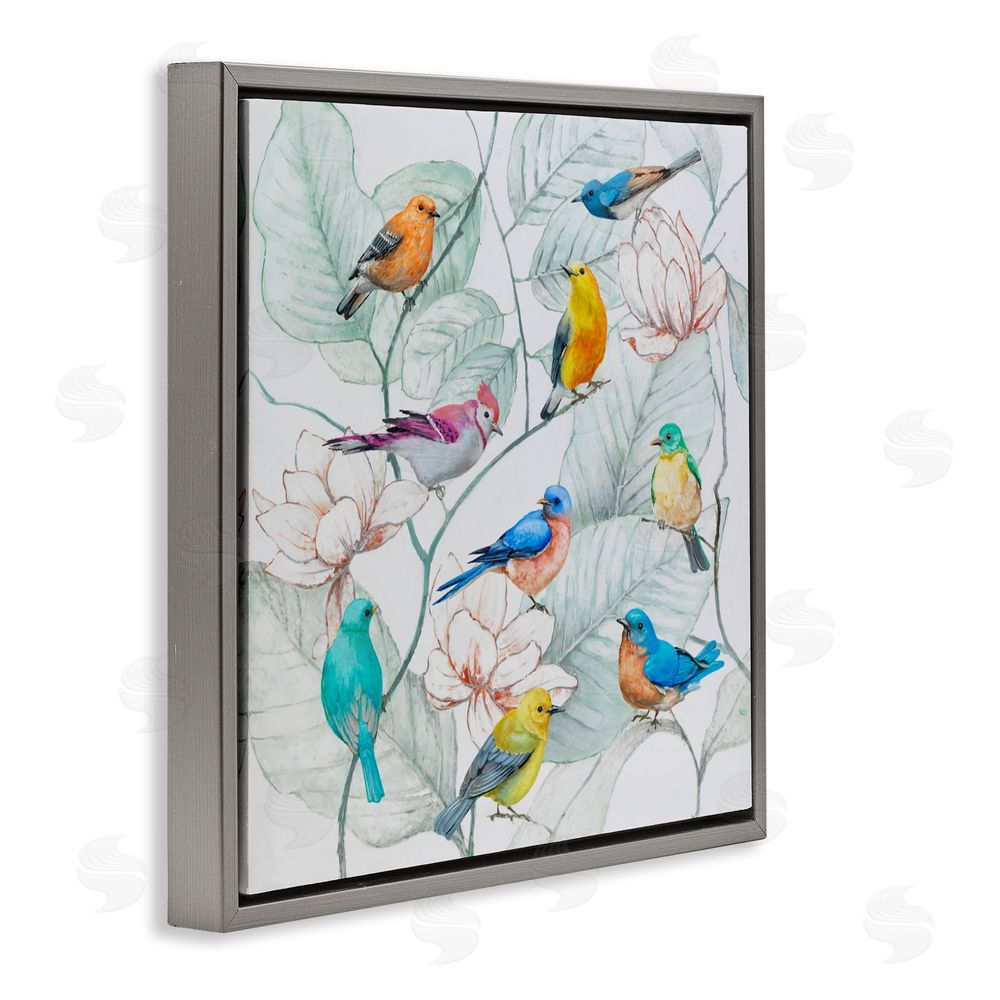 Lorenzo Collective Colorful Array Of Birds Gray Floating Frame Canvas Wall Art Print
