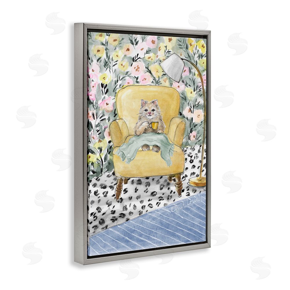 Lanie Loreth Cozy Cat Corner Gray Floating Frame Wall Art Print
