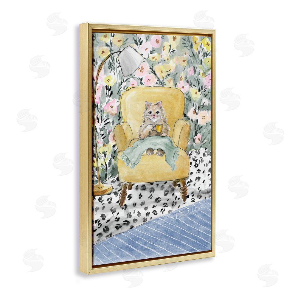 Lanie Loreth Cozy Cat Relaxing Gold Floating Frame Wall Art Print